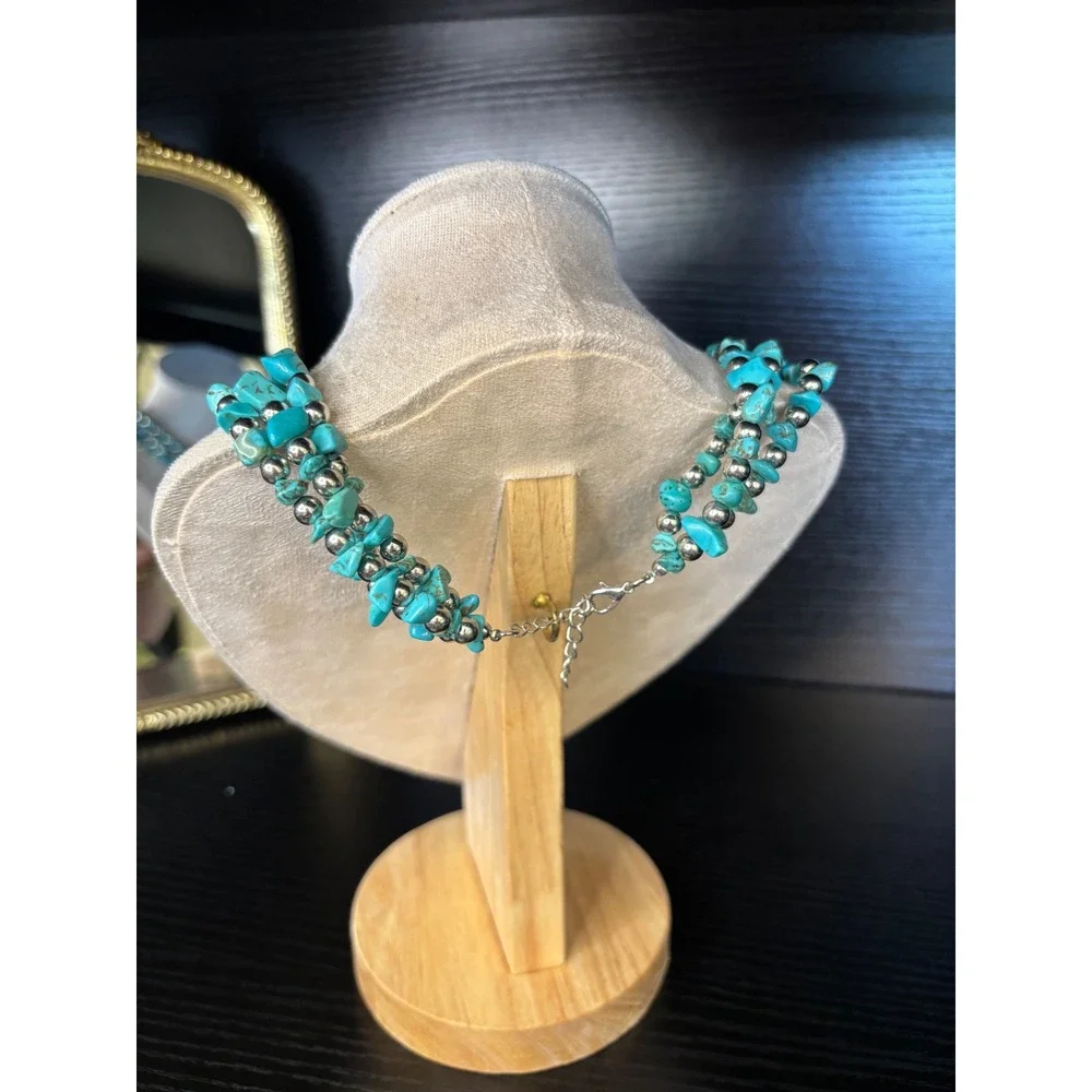 Boho Turquoise Chip Multi Strand Statement Necklace Silver Tone Teardrop Pendant